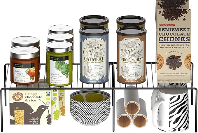 Kitchen Cabinet Expandable Shelf Organizers Set of 4, Adjustable Metal Wire Pantry Storage Shelves, Plate Dish Organizer Rack for Cabinets, Cupboard, Counter, Freezer, Countertop, Black