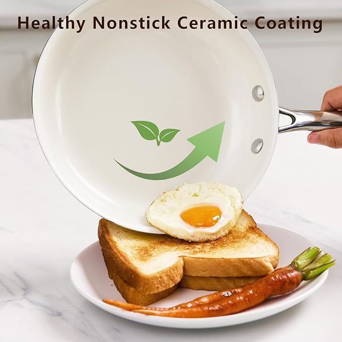11" Ceramic Frying Pan Nonstick, Skillet, Cooking Pan Non Toxic with Stay Cool Handle for Induction, Chef's Pan, PTFE & PFAS & PFOA Free, Dishwasher/Oven Safe, White
