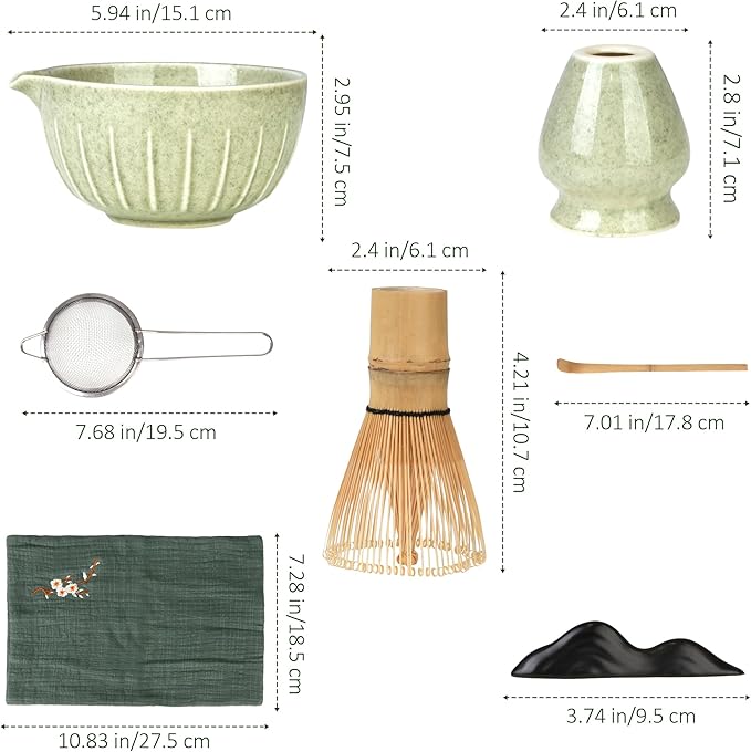 Matcha Bowl and Tea Whisk Set, 7-Piece Collection: 19-ounce ceramic bowl, whisk stand, bamboo scoop with scoop holder, tea strainer, and tea towel. Complete matcha ceremony set.