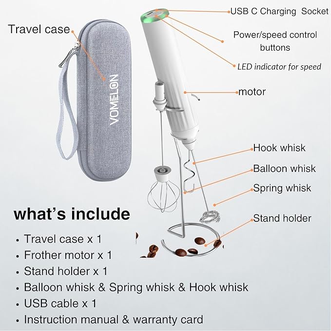 Milk Frother Handheld with 3 Stainless Steel Whisks, Rechargeable Electric Drink Mixer with Stand & Travel Case, Milk Foamer for Coffee, Latte, Cappuccino, Hot Chocolate, Egg,Jam Supplement-White