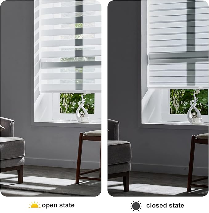 Persilux Cordless Zebra Blinds for Windows Free-Stop Roller Shades for Windows (15" W x 47" H, White) Dual Layer Room Darkening Roller Blinds for Home, Office and Kitchen
