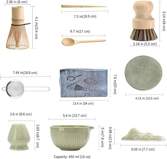 TANG PIN 10Pcs Matcha Whisk Set, 15 OZ Matcha Bowl, Matcha Whisk and Stand, Scoop, Sifter, Spoon, Coaster, Cleaning Brush and Tea Towel, Perfect Matcha Kit for Tea Ceremony