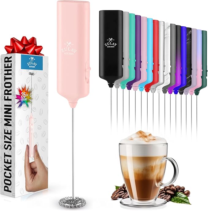 Mini & Mighty Milk Frother Wand – Powerful Handheld Coffee Frother, Battery Operated Drink Mixer – Compact Pocket Size – Detachable Whisk for Latte, Cappuccino, Matcha, Hot Chocolate – Pink Salt