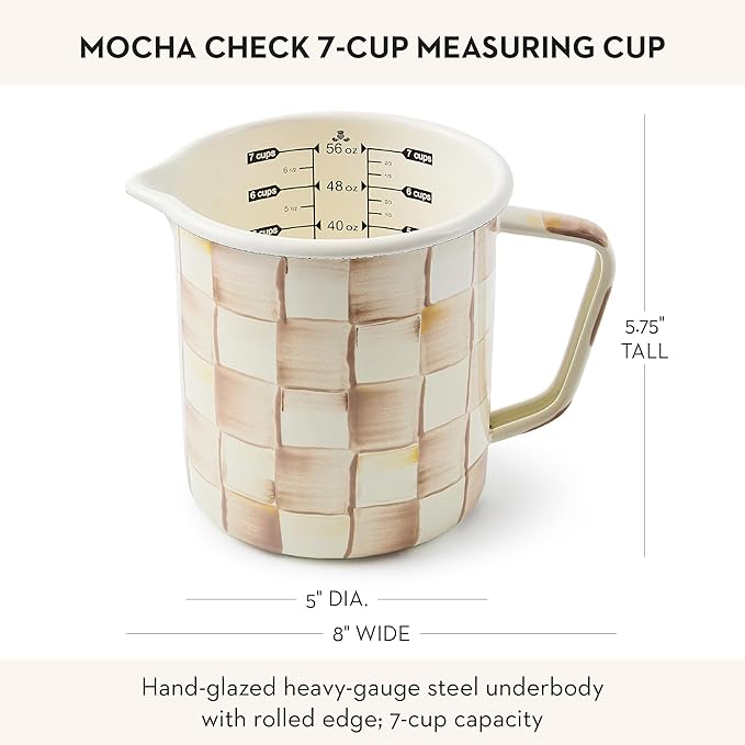 MACKENZIE-CHILDS Enamel Measuring Cup, Cute Measuring Cup with Pour Spout, 7-Cup Capacity, Brown-and-White Mocha Check