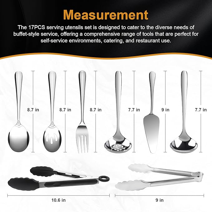 17PCS Serving Utensils Set Flatware, Stainless Steel Serveware Large Serving Spoons, Slotted Spoons, Forks, Tongs, Cake Server,Soup and Skimmer Spoon for Buffet, Catering, Party, Dinner (Silver)
