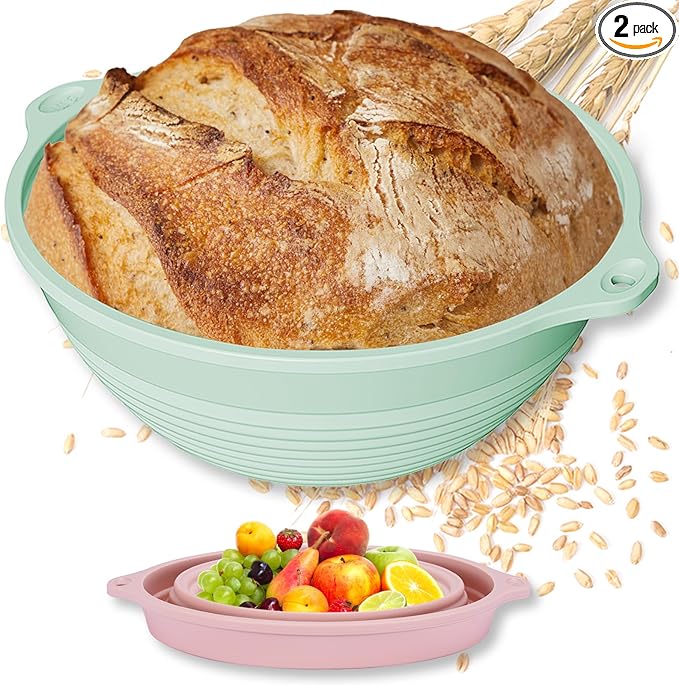 2 Pcs Upgraded Silicone Sourdough Bread Proofing Basket with Handles - Reinforced Rim Support, 9 Inch Round Foldable Bowls for Sourdough Bread Baking, Oven & Dishwasher Safe-BPA Free (Green+Pink)