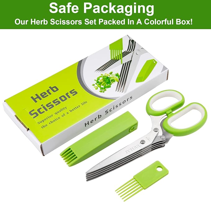 Herb Scissors, Multipurpose Sharp Kitchen Herb Cutter Shears with 5 Stainless Steel Blades, Safety Cover, Cleaning Comb, Cool Kitchen Gadgets for Cutting Fresh Garden Herbs, Dishwasher Safe