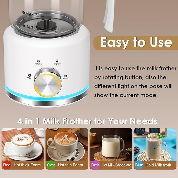 Milk Frother, 16.9 OZ Milk Frother and Steamer, 4 in 1 Electric Milk Frother Dishwasher Safe Durable Silent Frother for Coffee Hot and Cold Foam Maker (White Glass)