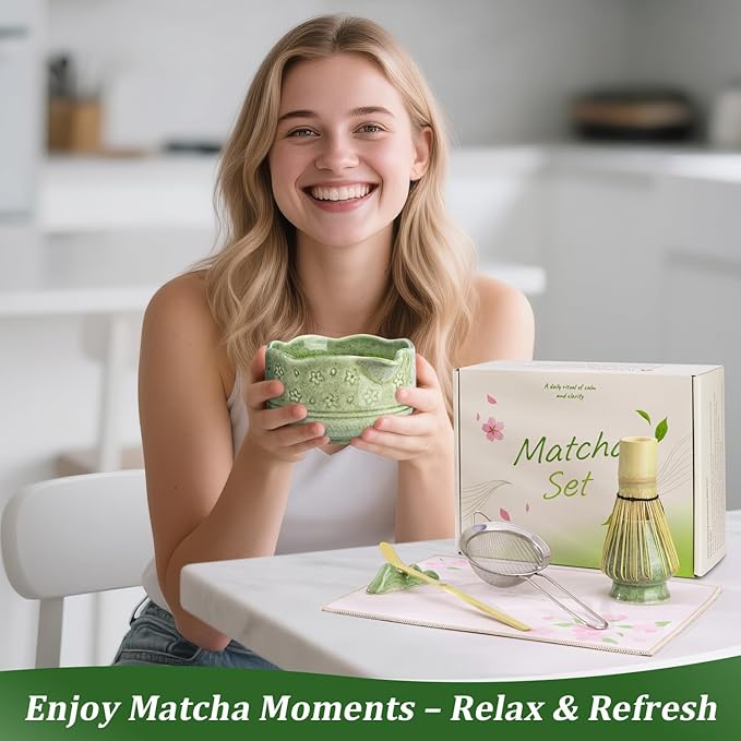 ALBISS Matcha Whisk Set - 7 Pcs Ceramic Matcha Kit with 18oz Spout Bowl & Cherry Blossom Design, Bamboo Whisk & Holder, Scoop, Rest, Sifter, Towel, Elegant Japanese Tea Gift Set for Macha Lover, Green