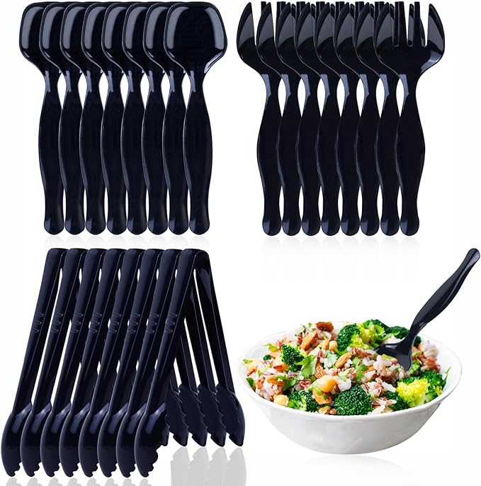 24Pcs Black Plastic Serving Utensils Disposable Serving Spoons Forks Tongs for Party Utensils Supplies for Dinner Parties Buffets Salad Noodles Soup and Weddings (Black)