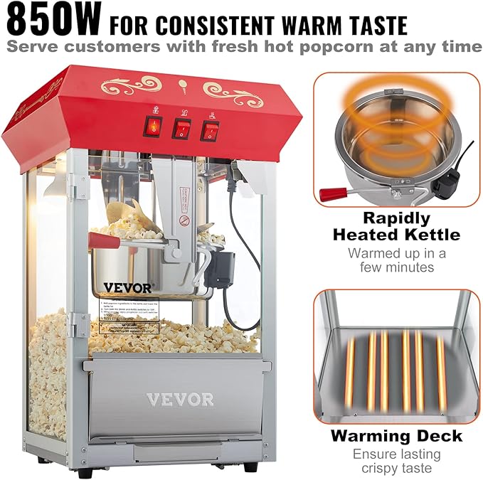 VEVOR Commercial Popcorn Machine, 8 Oz Kettle, 850 W Countertop Popcorn Maker for 48 Cups per Batch, Theater Style Popper with 3-Switch Control Steel Frame Tempered Glass Doors 2 Scoops 2 Spoons, Red