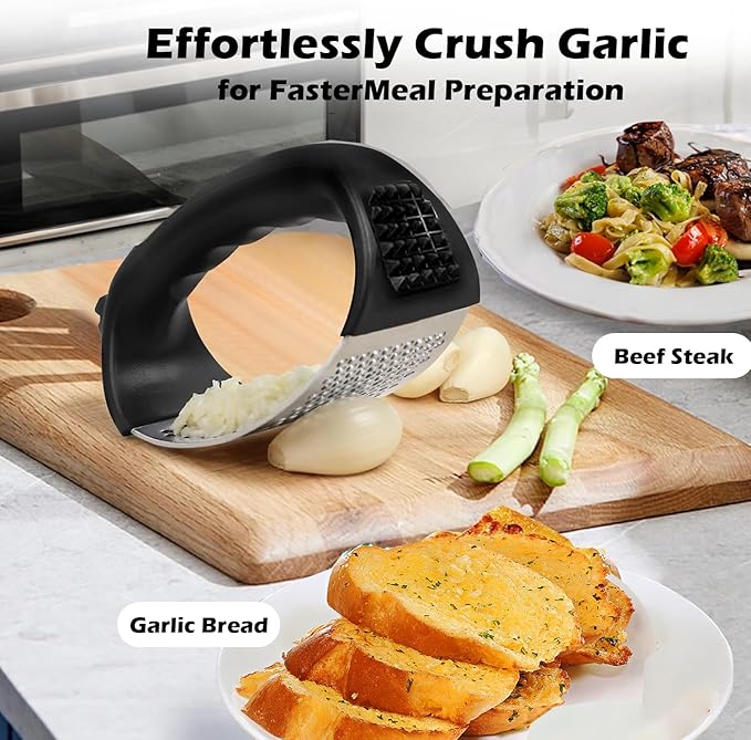 Garlic Press Rocker Set，Stainless Steel Garlic Mincer Tool with Garlic Peeler and Cleaning Brush Kitchen Gadgets Essentials Garlic Chopper