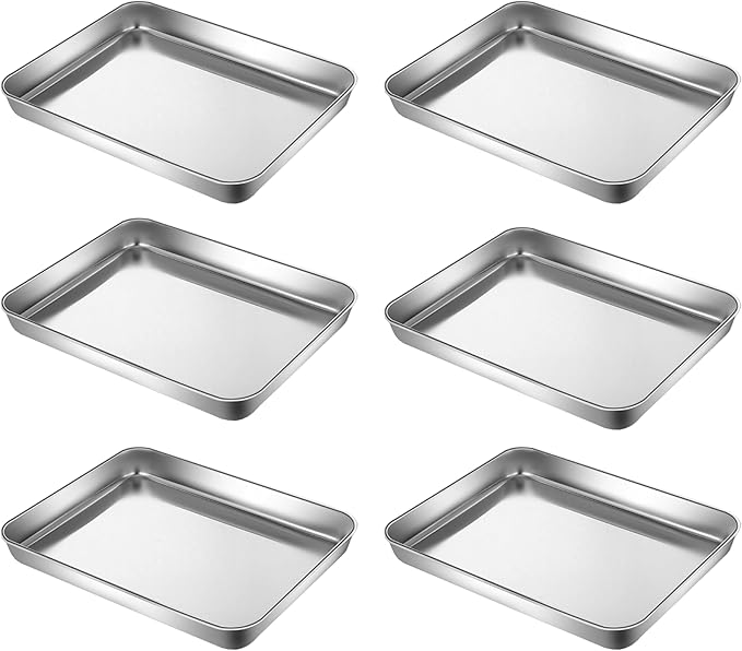 Small Cookie Baking Sheet Pans Stainless Steel 304 Little Tiny Serving Tray 10.4 x8.1 x1.1Inch (Diagonal 12.3) Reheat Food Small Items No Rust Dishwasher Safe for 2 Person 6 Pack