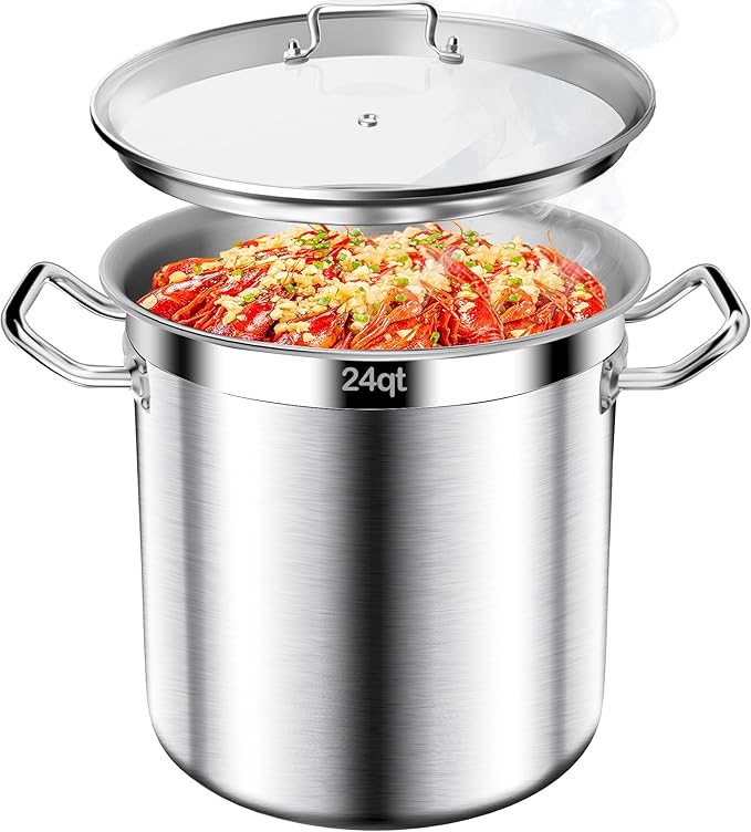 Stainless Steel Stock Pot-24QT Heavy Duty Induction Cooking Pot with Visible Lid,Big Stockpot, Deep Cookware Commercial Grade Stock Pot & Stockpots for Boiling Cooking Soup Stew Canning Cooking Pots
