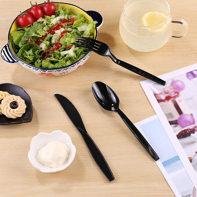 Plastic Spoons Disposable Individually Packaged Spoons Black 7-Inch Commercial Take Away,Super Hard Mass Heavy Individually Wrapped 100 PCS