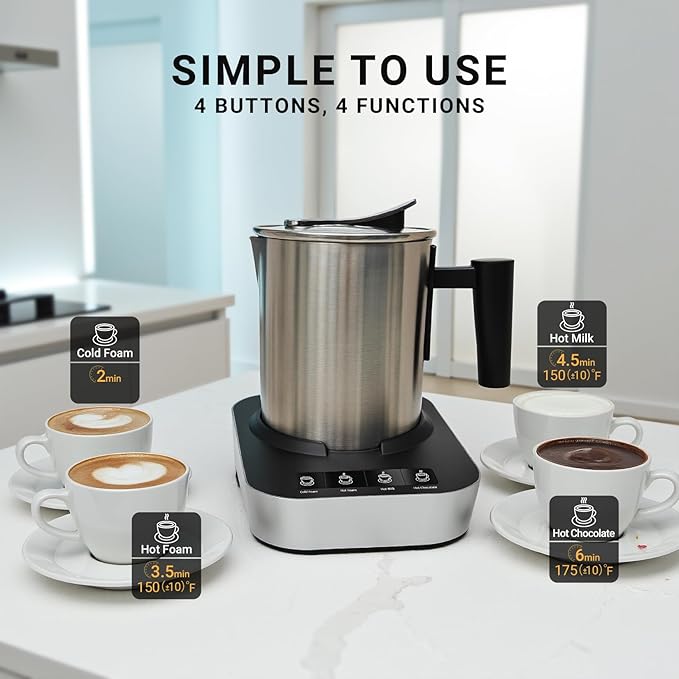 Electric Milk Frother and Steamer 4-in-1 with Stainless Steel Pitcher Cup(400ml/13.5oz), Auto Shut-Off, Hot & Cold Foam Maker and Milk Warmer for Coffee Cappuccinos, Dishwasher Safe