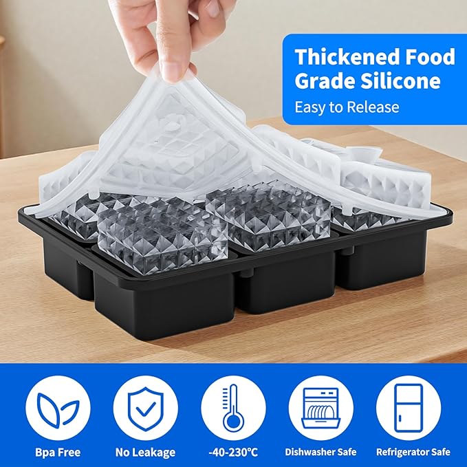 6 Chamber 1.97” 3D Crystal Square Ice Cube Tray With Funnel,Large Square Ice Molds Silicone Fun Shapes Whiskey Ice Cube Tray,For Chilling Whiskey,Cocktails,Bourbon,Brandy and Beverages