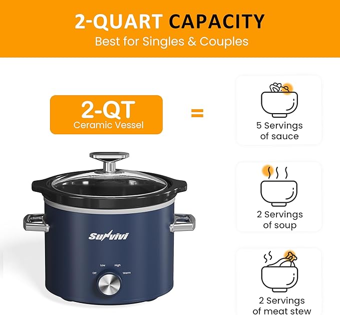 Sunvivi 2 Quart Slow Cooker, Small Slow Cooker with Removable Ceramic Pot, Food Warmer with 3 Heating Settings & Dishwasher Safe Glass Lid, Blue