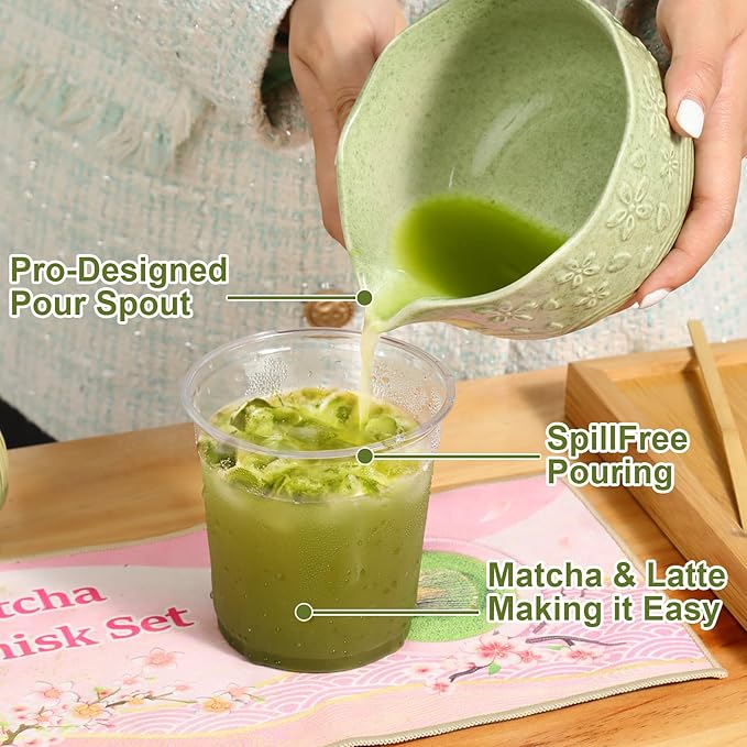 6pcs Matcha Whisk Set Includes Resin Matcha Whisk,Ceramic Matcha Bowl Set and Sifter,Matcha Whisks Holder,Natural Bamboo Spoon and Tea Towel for Matcha Starter Kit Lovers (Pink)