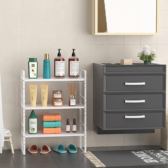 Expandable Kitchen Cabinet Shelf Organizers 3 Pack, Stackable Metal Pantry Storage Shelves Rack, Adjustable Counter Shelf for Cabinets, Countertop, Cupboard Organizers and Storage, White
