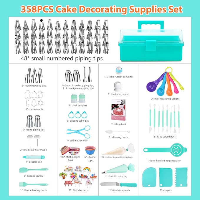 Cake Decorating Supplies Tools Kit: 358 pcs Baking Accessories with Storage Case - Piping Bags and Icing Tips Set - Puffs Christmas Cookie Cutters Cupcake Set for Beginners or Professional, Mint Green