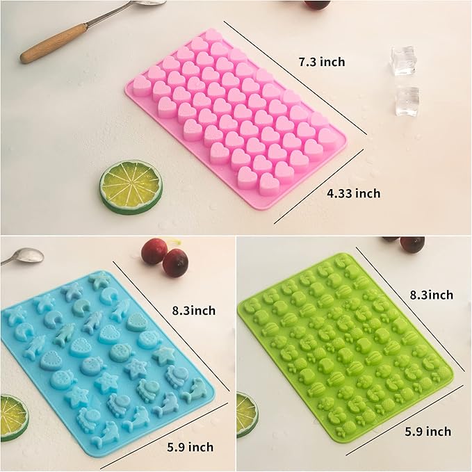 3 Pack Mini Silicone Gummy Candy Chocolate Molds Contains Small Hearts, Fruits, Marine Animal Shapes and 2 Droppers for Making Gummy, Candy, Chocolate and Small Ice Cubes