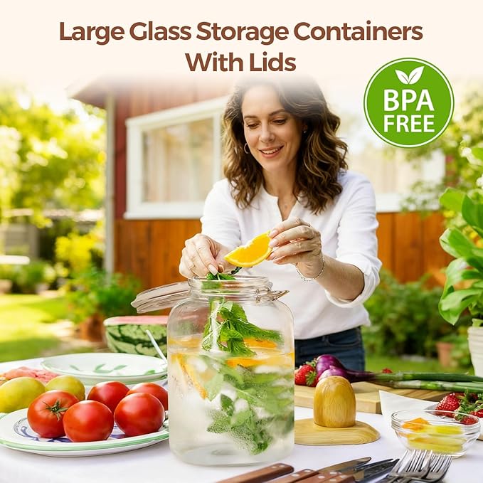 ComSaf Rice Container 152oz, Flour Sugar Storage Containers, Glass Jars with Airtight Lid, 1.17 Gallon Mason Jar, Large Storage Containers with Lids for Pickled Egg, Pasta, Cereal, Beans, Set of 2