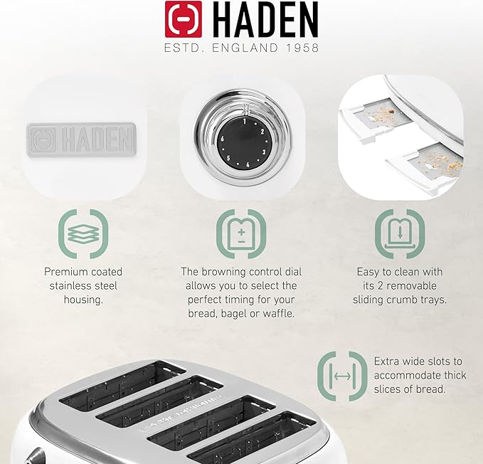 HADEN Heritage 4-Slice Toaster with Extra Wide Slots, 1500-Watt, Ivory & Chrome - Retro Stainless Steel Design with Self-Centering Function, Adjustable Browning Control & Removable Crumb Tray