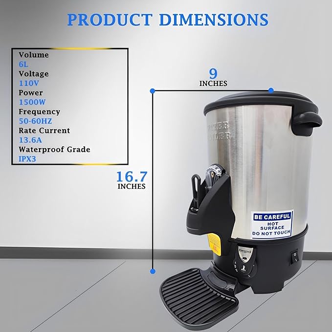 Commercial Electric Kettle Warmer Stainless Steel Hot Water Dispenser Hot Water Boiler And Warmer with Faucet Quick-Temp or Boil for Tea Coffee 1500W 6 Liter Capacity