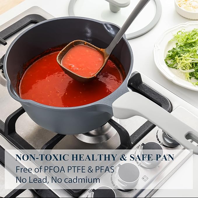 PRICUSIS Nonstick Saucepan with Lid, 2.7 Quart Ceramic Sauce Pan, Non Toxic Sauce Pot with Pour Spouts for Multipurpose Use, PTFE, PFOA & PFAS Free, Induction Compatible.