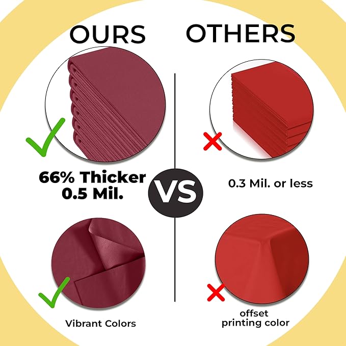 Exquisite 66% Thicker Premium Plastic Table Cloth Rectangle Table Cover 0.5 Mil 12 Pack Burgundy Table Cloth 54 Inch x 108 Inch Disposable Tablecloth Won't Tear Easily Like Cheap Thin Brands