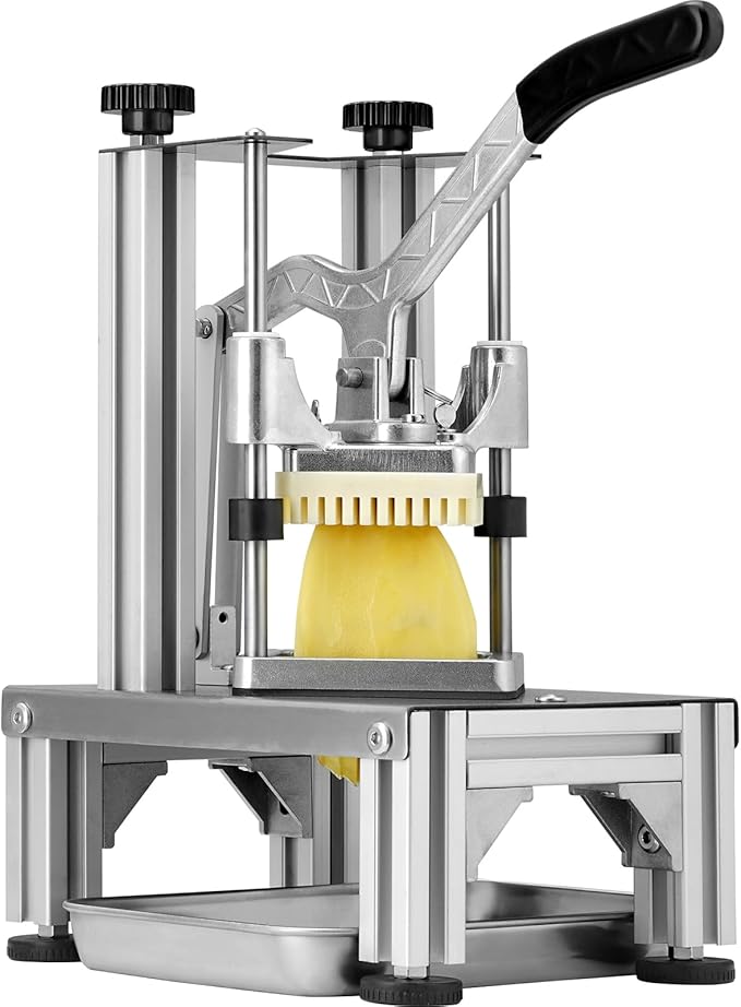 VEVOR Commercial French Fry Cutter with 4 Replacement Blades, 1/4" and 3/8" Blade Easy Dicer Chopper, 6-wedge Slicer and 6-wedge Apple Corer, Lemon Potato Cutter for French Fries with Extended Handle