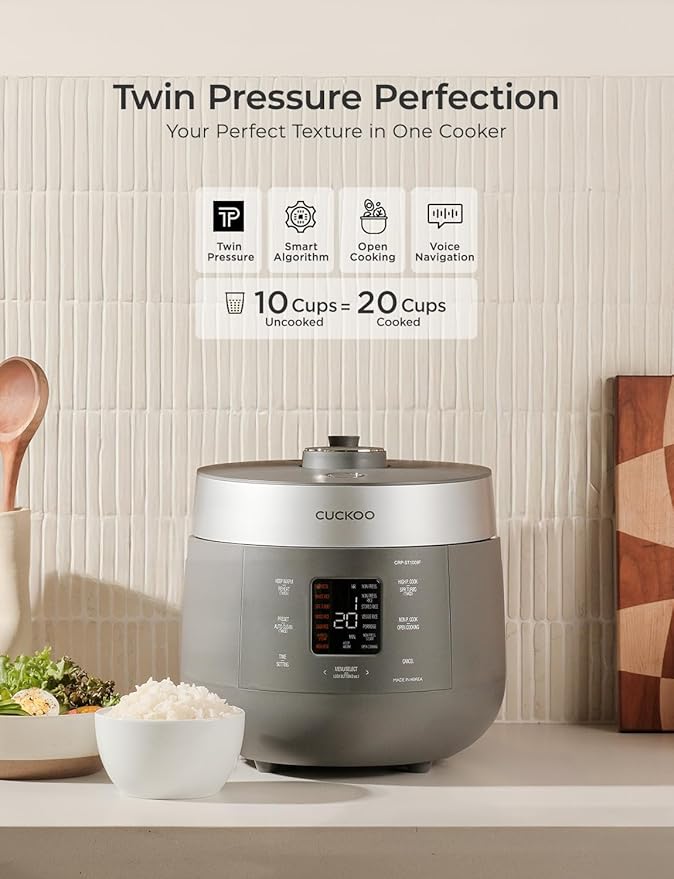 CUCKOO Twin Pressure Rice Cooker 10-Cup Uncooked / 20-Cup Cooked with Nonstick Inner Pot, Large Rice Maker & Warmer with 16 Menu Options, Open Cooking Mode, Voice Guide, Gray (CRP-ST1009FG)