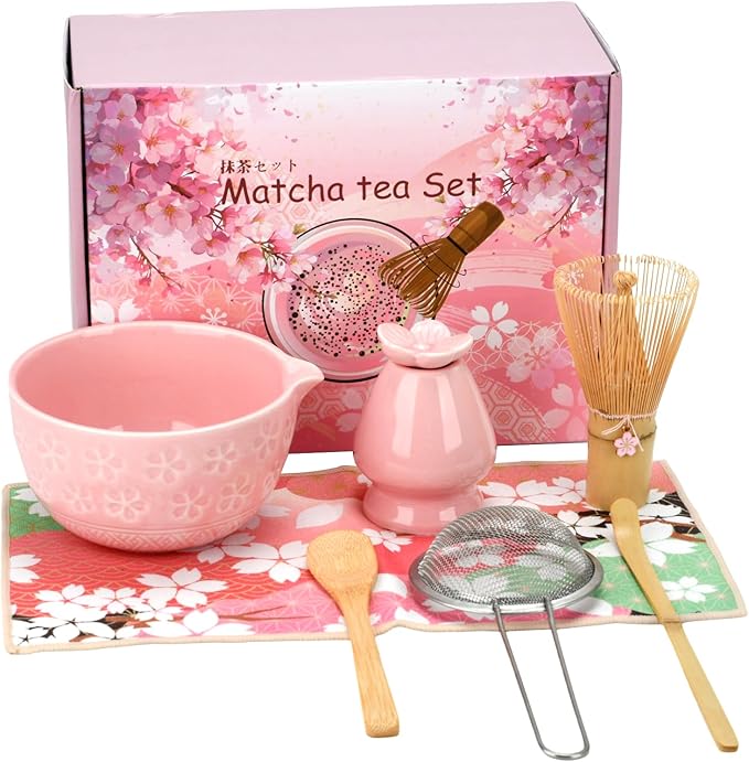 Matcha Whisk Set, Ceramic Matcha Set Includes Matcha Bowl, Bamboo Matcha Whisk and Holder, Bamboo Scoop, Scoop Holder, matcha sifter and Tea Towel - Matcha Kit for Matcha Lovers (Pink)