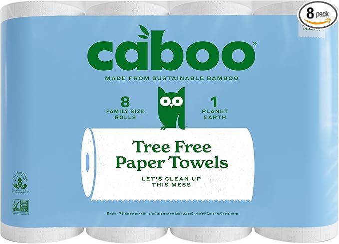 Caboo Tree Free Paper Towels, 8 Rolls, Earth Friendly Sustainable Kitchen Paper Towels with Strong 2 Ply