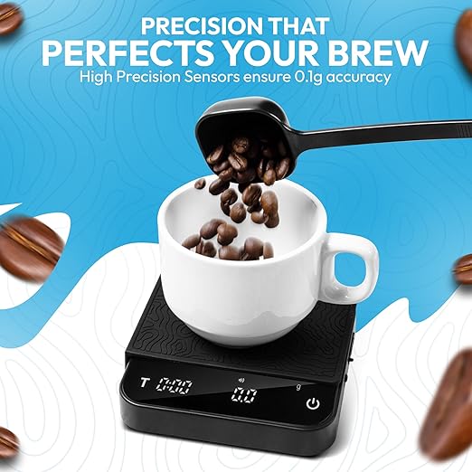 Mini Coffee Scale with Timer – Digital Barista Weight Scale with Designer-Patterned Tamper Mat, 0.1g High Precision, Portable & Rechargeable for Espresso, Pour Over, Drip, and Kitchen Brewing Use