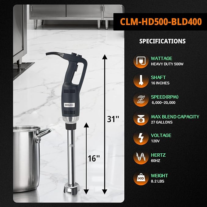Commercial Immersion Blender, 500W Heavy Huty Hand Blender With 16 Inch Removable Shaft, 6,000-20,000 RPM Variable Speed, Industrial Hand Mixer For Pro Restaurant Kitchen.