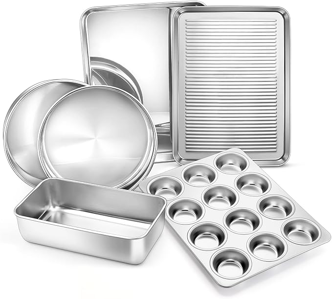 E-far 6-Piece Baking Pans set, Stainless Steel Bakeware Set for Oven, Include 8-Inch Cake Pan/Rectangle Baking Cookie Sheet/Muffin/Loaf Pan, Non-Toxic & Heavy Duty, Dishwasher Safe