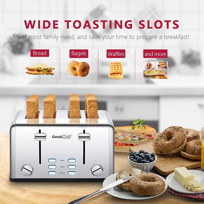 Toaster 4 Slice, Geek Chef Stainless Steel Toaster with Extra Wide Slots，4 Slot Toaster with Bagel/Defrost/Cancel Function, Dual Control Panel of 6 Toasting Bread Shade Settings, Removable Crumb Trays, High Lift Lever, ETL