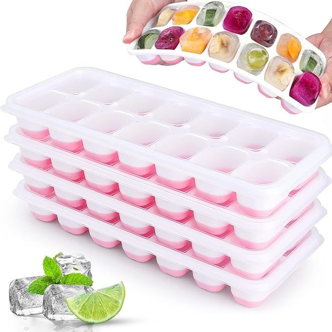 Silicone Ice Cube Tray, 4 Pack Easy-Release & Flexible 14-Ice Cube Trays with Spill-Resistant Removable Lid, Stackable Ice Trays with Covers for Freezer, Cocktail (Pink)