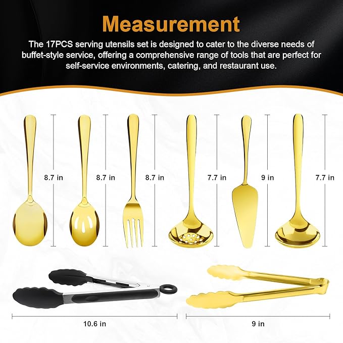 17PCS Serving Utensils Set Flatware, Stainless Steel Serveware Large Serving Spoons, Slotted Spoons, Forks, Tongs, Cake Server,Soup and Skimmer Spoon for Buffet, Catering, Party, Dinner (Gold)