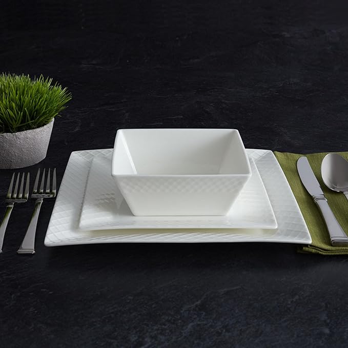 Trellis White Square 16 Piece Dinnerware Set, Service For 4