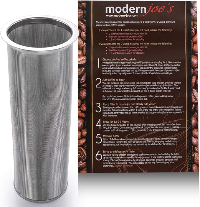 MODERNJOE'S Premium Infuser Cold Brew Coffee Maker for 2 Quart Wide Mouth Mason Jars. Cold Brew Coffee Filter. Iced Coffee and Tea. Heavy Duty Gauge 100 Micron Mesh 304 Stainless Steel