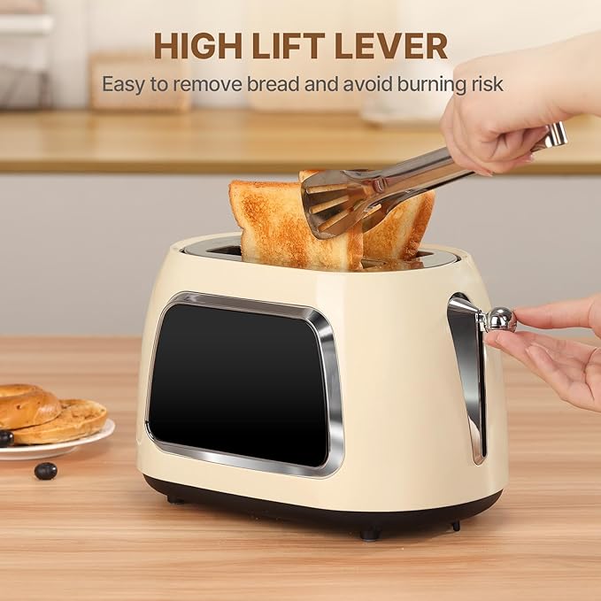Toaster 2 Slice Smart Touch Screen, Retro 1.5'' Extra Wide Slot Stainless Steel Digital Bread Toaster with Memory Function, Bagel, Defrost, 6 Browning Levels and Removable Crumb Tray, Cream
