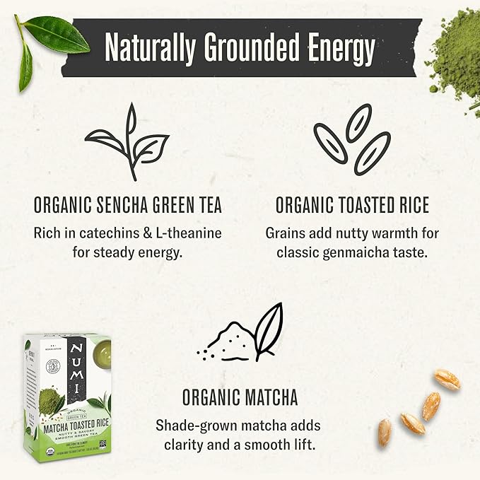 Numi Organic Matcha Toasted Rice Tea, 54 Matcha Tea Bags, Flavorful Green Tea, Microplastic Free Tea Bags