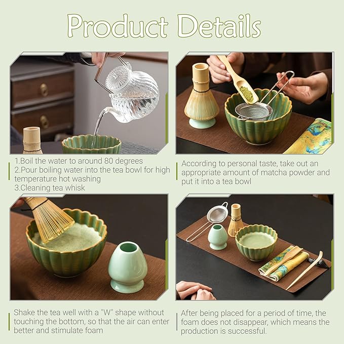 8PCS Matcha Whisk Set - Matcha Set Ceramic Whisk and Bowl, Japanese Buucup Matcha Set with Bamboo Whisk, Sifter, Scoop, Holder & Tea Towel for Traditional Matcha Ceremony (Green)