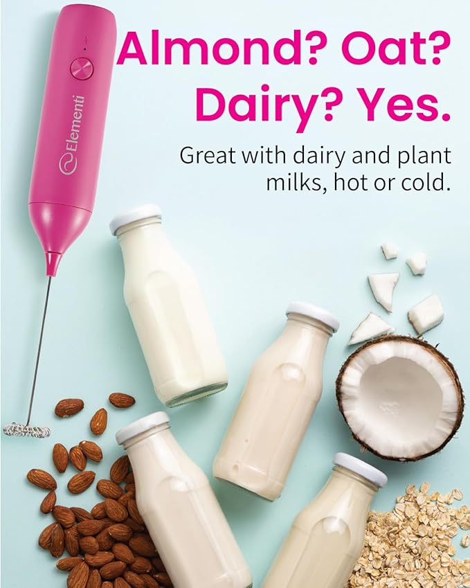 Elementi Pink Milk Frother Wand Rechargeable Drink Mixer - Powerful USB-C Rechargeable Frother & Coffee Stirrers Electric - Hand Held Whisk to Make Perfect Cappuccinos, Lattes & Drink Mixes at Home