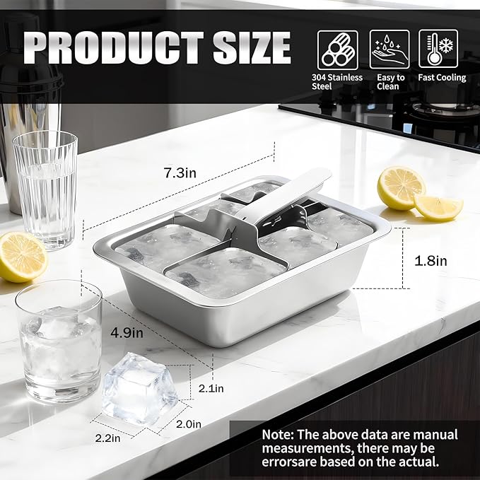 Stainless Steel Ice Cube Trays with Lever - 6 Large Cube Mold for Whiskey & Cocktails, Professional Heavy Duty Metal Freezer Tray, Non-Toxic & Easy Release for Kitchen & Bar Use