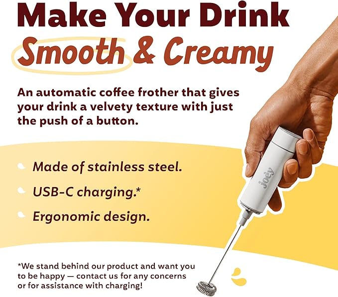 Joe’y High-Grade Milk Frother, USB-Powered Handheld Whisk for Coffee, Lattes, Matcha, Hot Chocolate, Dual-Speed Stainless Steel Frothing Wand with Travel Case, Double-Whisk, White