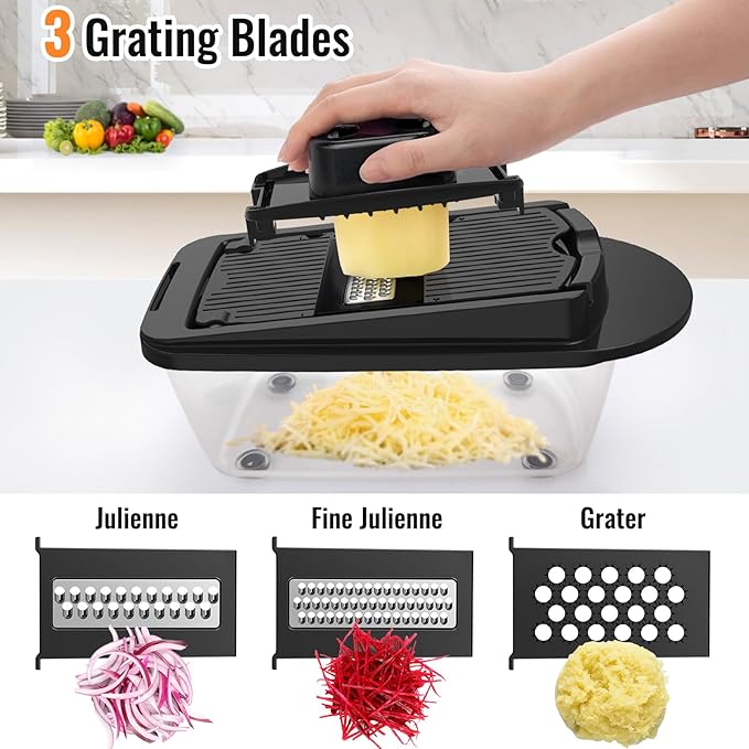 12 Blade All-in-1 Vegetable Chopper Mandoline Slicer with Container, Spiralizer with Contianers, Food Chopper, Onion Chopper, Veggie Cutter for Salad, Kitchen Gadgets Accessories Essentials, Black